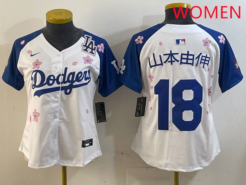 Women Los Angeles Dodgers #18 Yamamoto White Blue Sakura Edition 2025 Nike MLB Jersey style 14->youth mlb jersey->Youth Jersey
